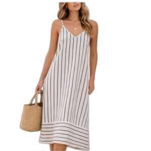 Terzo Millennio Striped Midi Dress White Black V-Neck Spaghetti Strap Womens